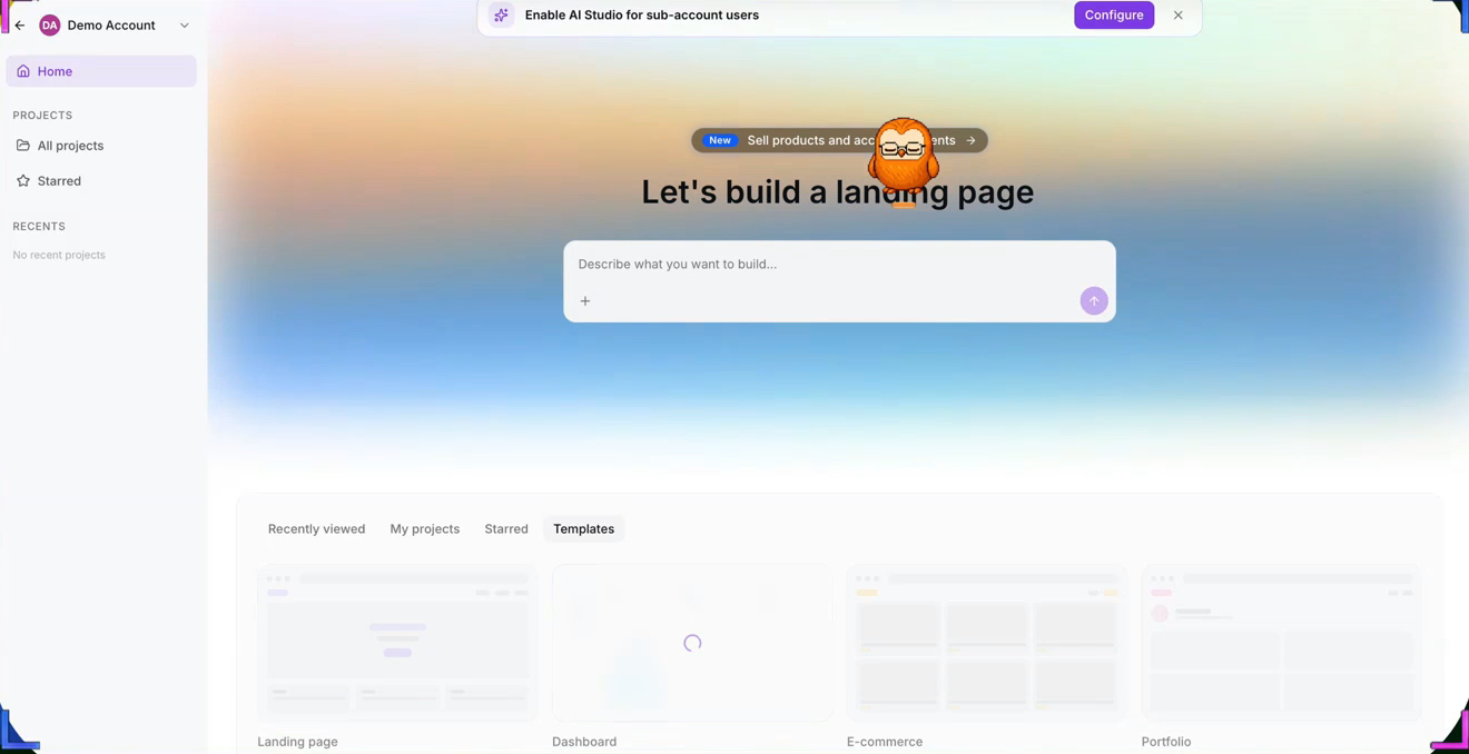 AI Studio home with the Describe what you want to build prompt box.