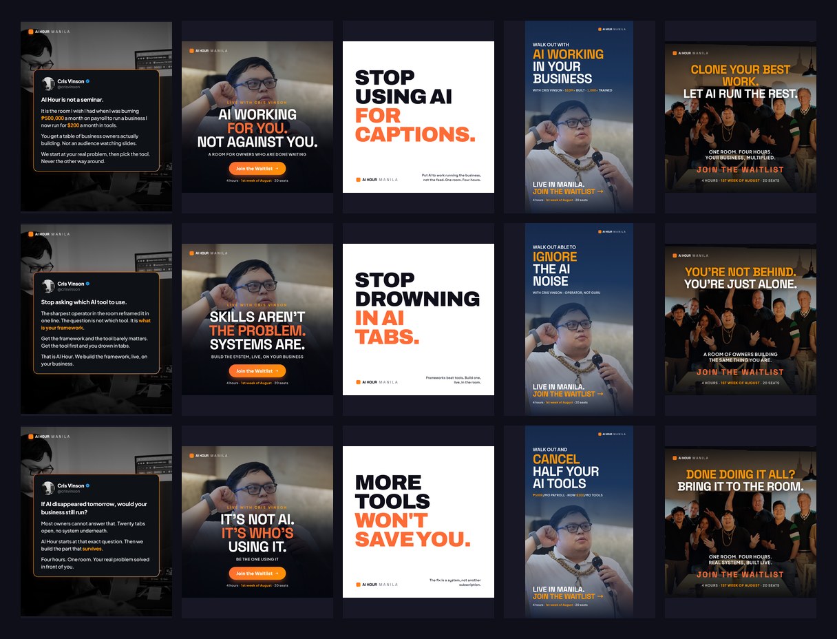A contact sheet of fifteen AI Hour ad creatives, five templates across and three hook variations down