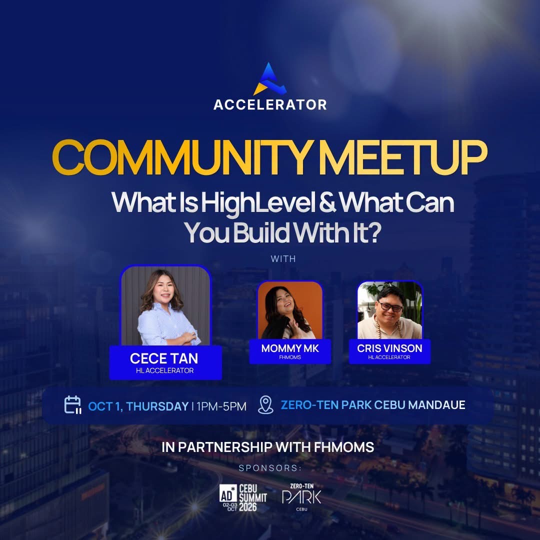 HighLevel Accelerator Community Meetup poster featuring Cece Tan, Mommy MK, and Cris Vinson, October 1, 2026