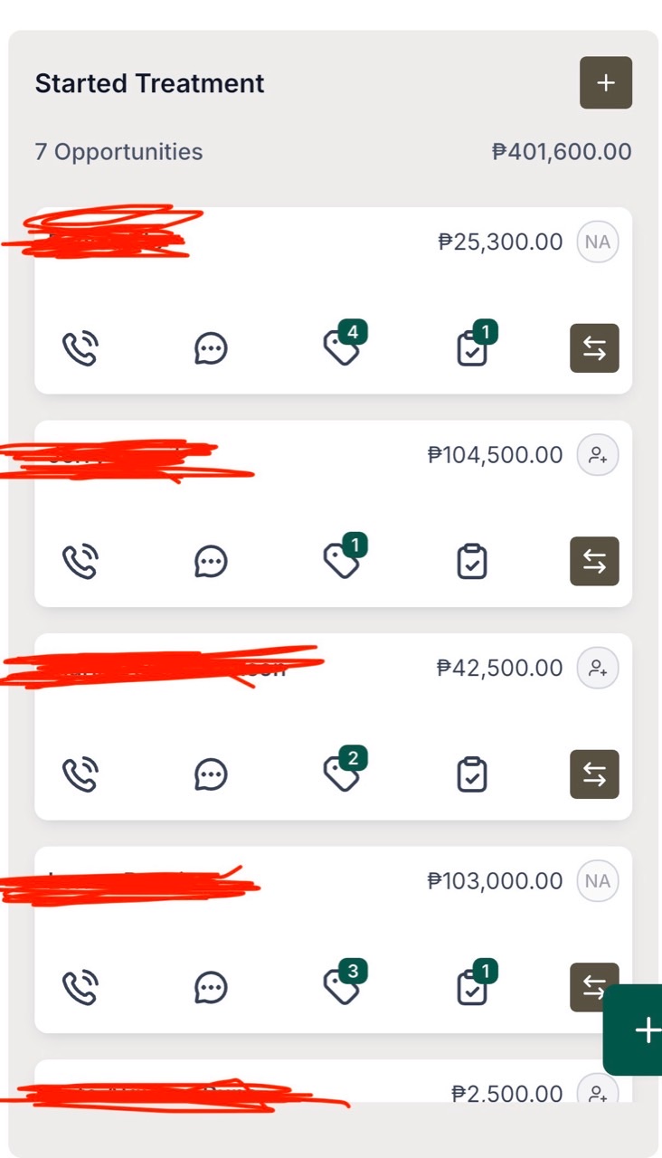 Anonymized CRM view showing seven started-treatment opportunities totaling 401,600 pesos