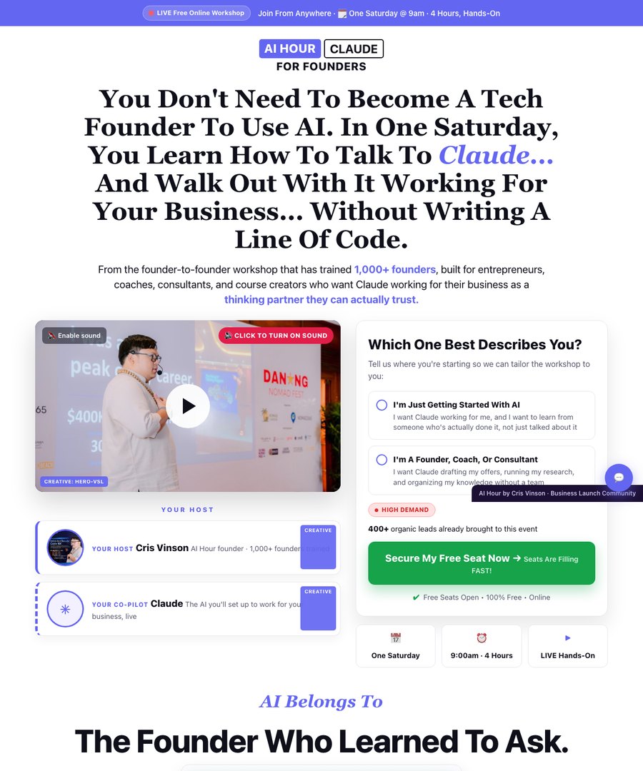 Our rebuilt free registration page for the AI Hour workshop