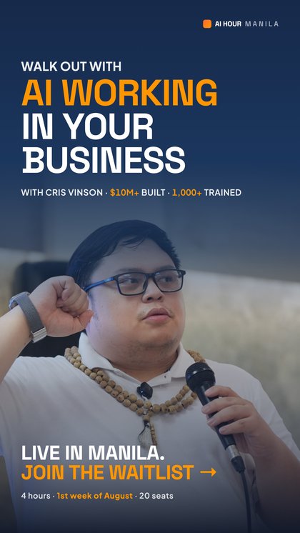 AI Hour ad with Cris Vinson holding a microphone, reading walk out with AI working in your business