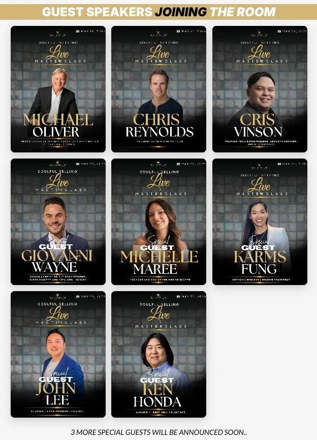 Cris Vinson in the Soulful Selling LIVE Masterclass speaker lineup with Michael Oliver, Chris Reynolds, and other guest speakers